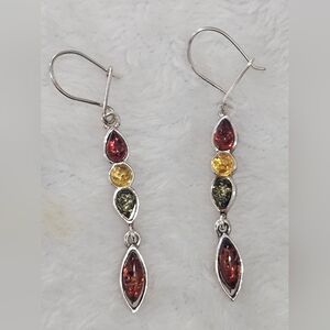 Sterling Silver Multistone Drop Earrings - Amber, Yellow & Green
